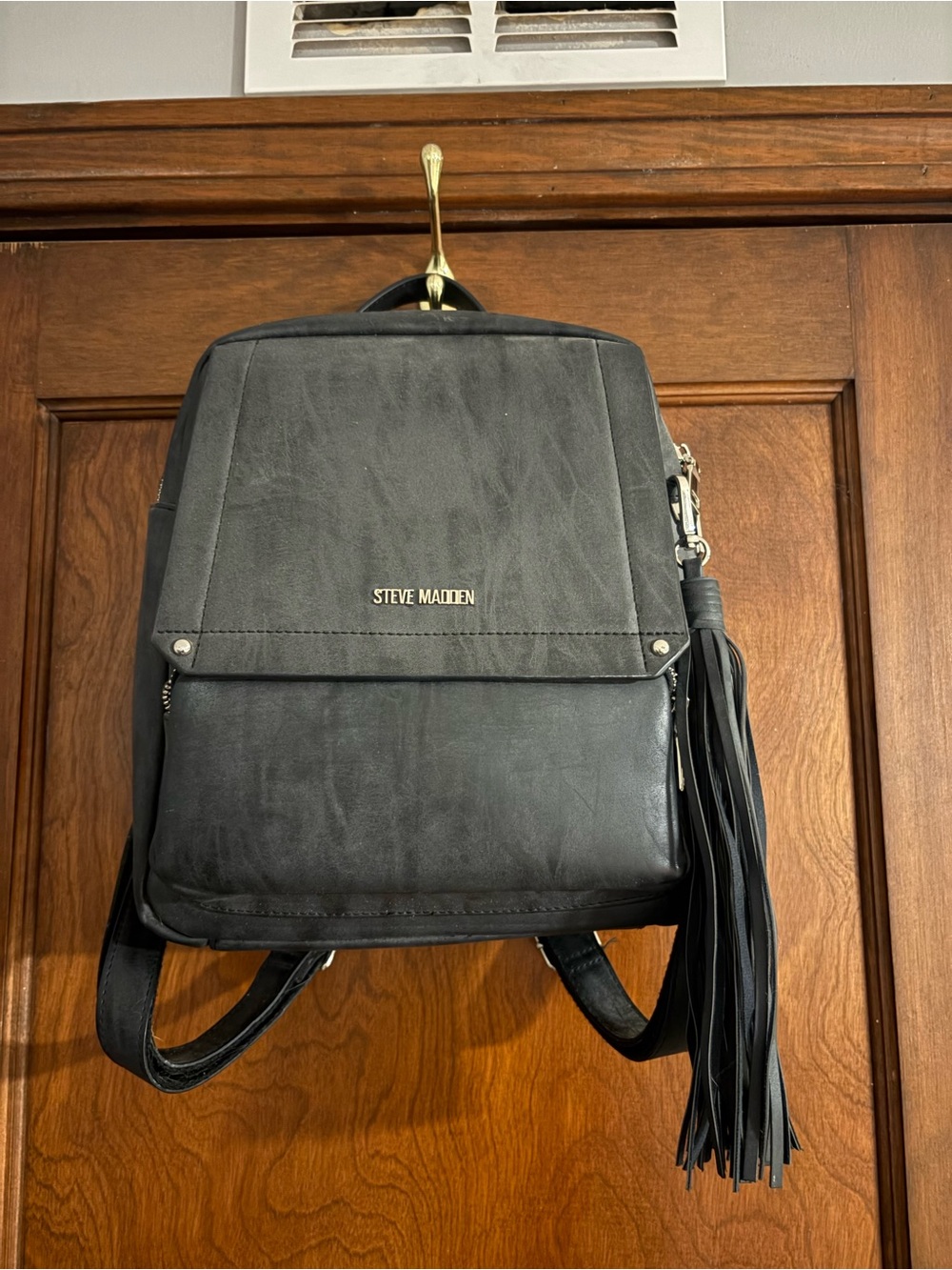 Steve Madden Black Men's Faux-Leather Backpack with Tassel Accent
